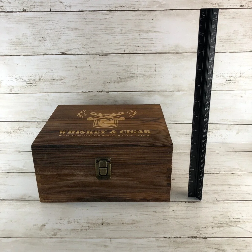 Whiskey and Cigar Gift Set Wood Box 2 Twisted Glasses Chilling Stones‎ Unused